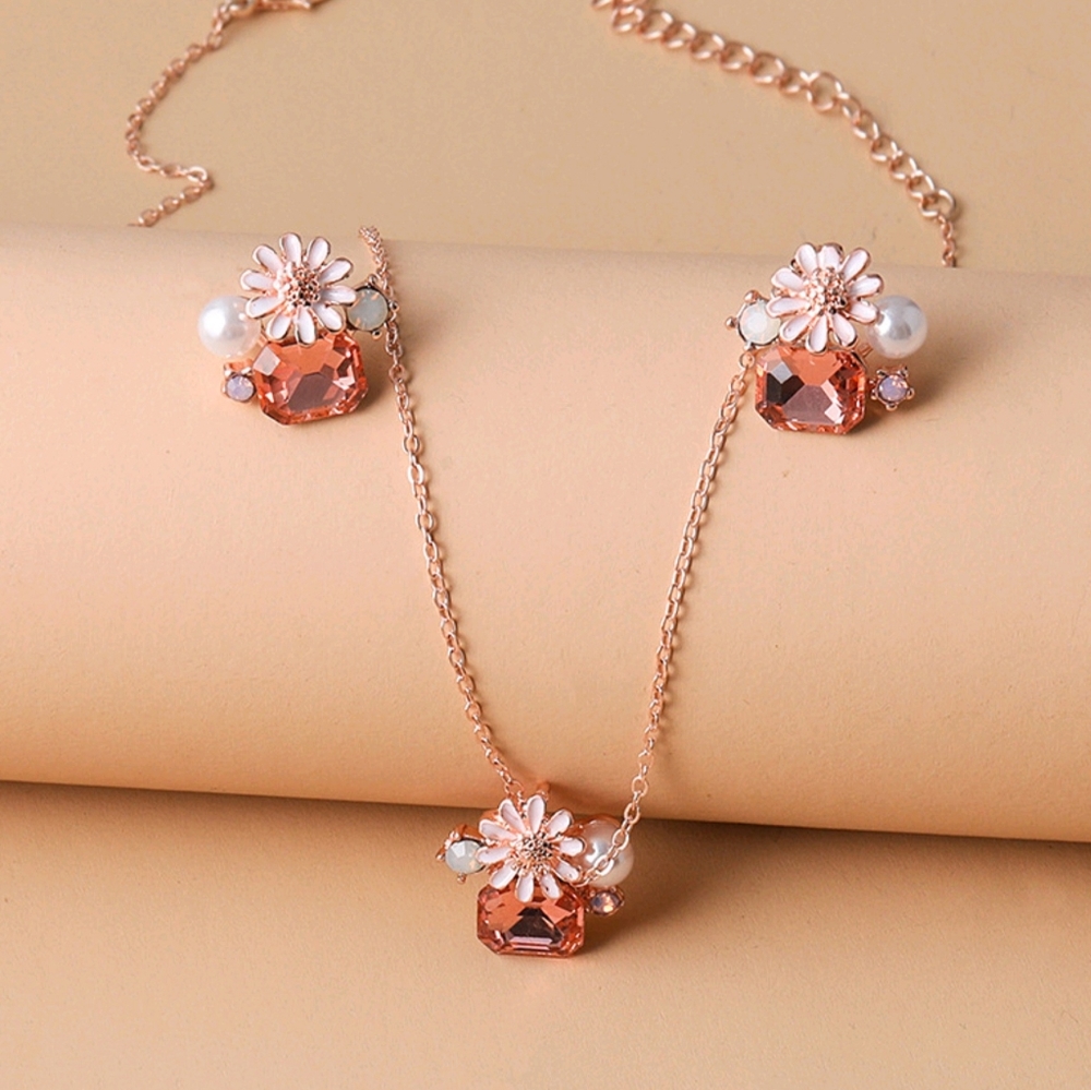 Boho Pearl & Sunflower Necklace Earring Set Peach Rhinestone Rose Gold - Picture 3 of 6